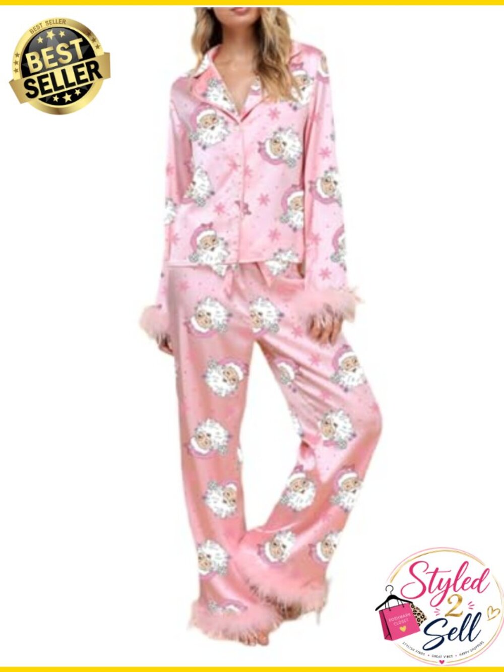 Women's Satin Pajama Set Long Sleeve Button Down Feather Trim Sleepwear